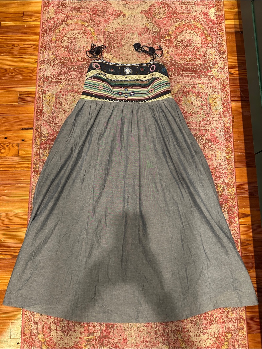 Farm Rio Embroidered Strap Midi Skirt Dress in Gray